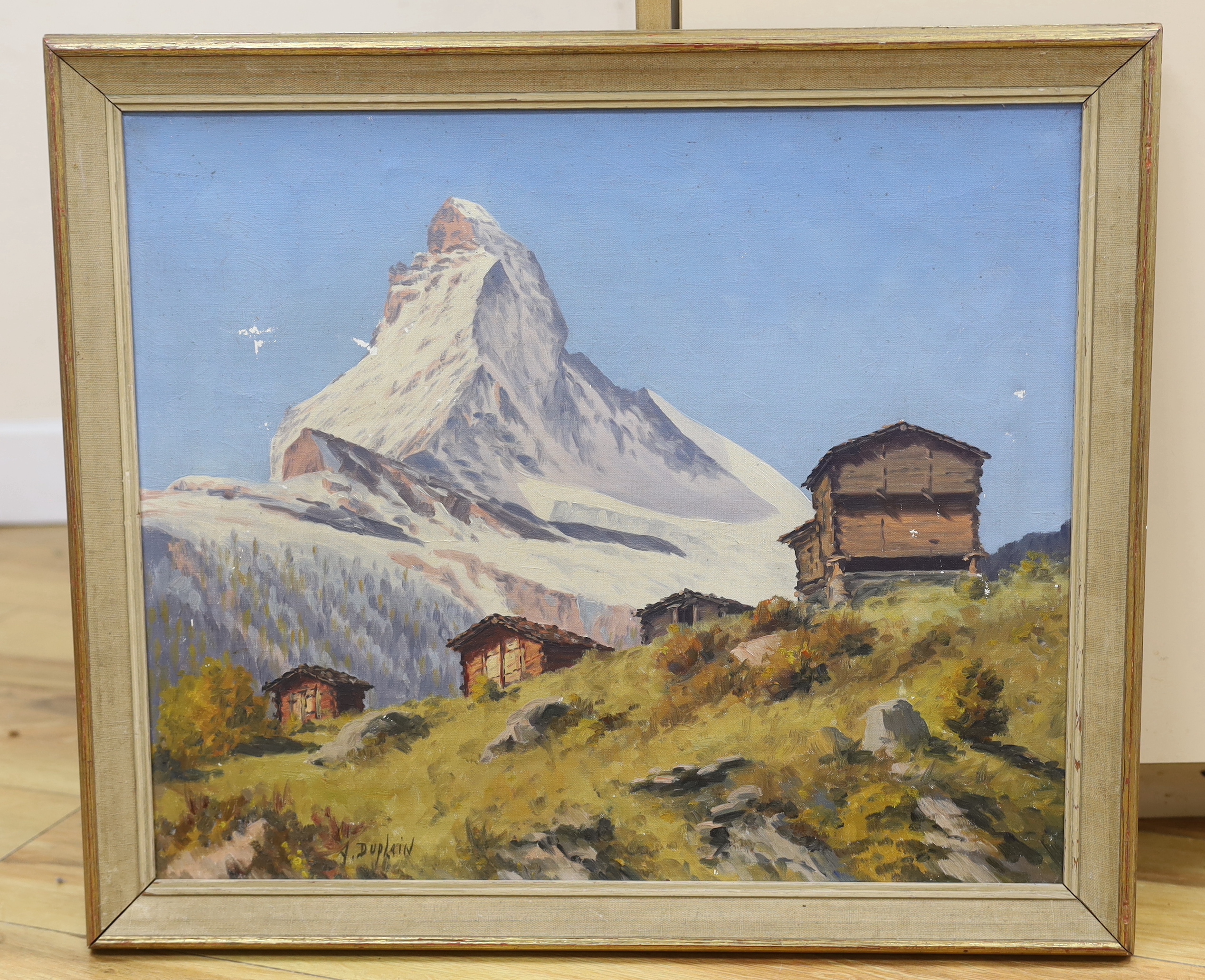 Albert Duplain (Swiss, 1890-1978), oil on canvas, Alpine scene with chalets, 49 x 40cm